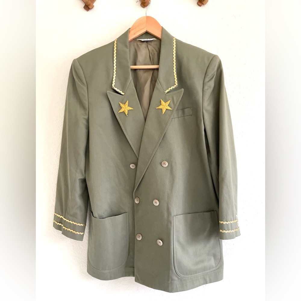 Vintage Army Green Cotton Twill Blazer with Gold Military Detail JG Hook 1980s